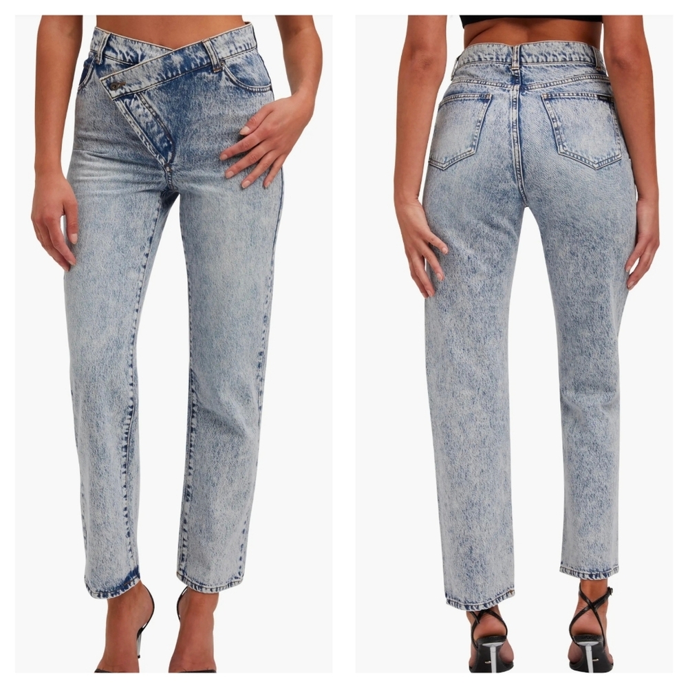 NWT Bardot Remi Crossover Waist Straight Leg Acid Wash Jeans, High Rise, Sz 28.